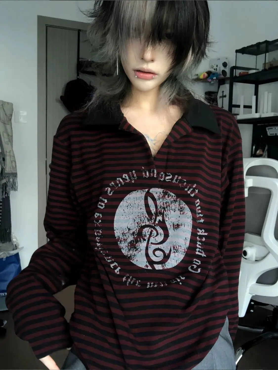 Polo T-shirt Y2k vêtements japonais années 90 Goth Punk Vintage Harajuku manches longues rayure imprimé Streetwear Grunge hiver Emo Tee Chic