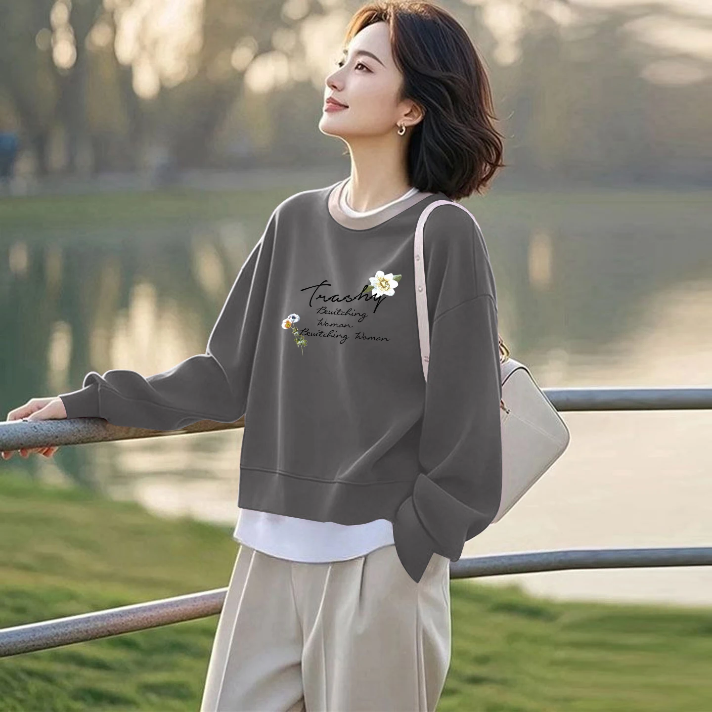 

Spring Autumn Pure Cotton Color Blo Hoodie Casual Slimming Top Women's Faion Comfortable Breathable Long Sve round Ne