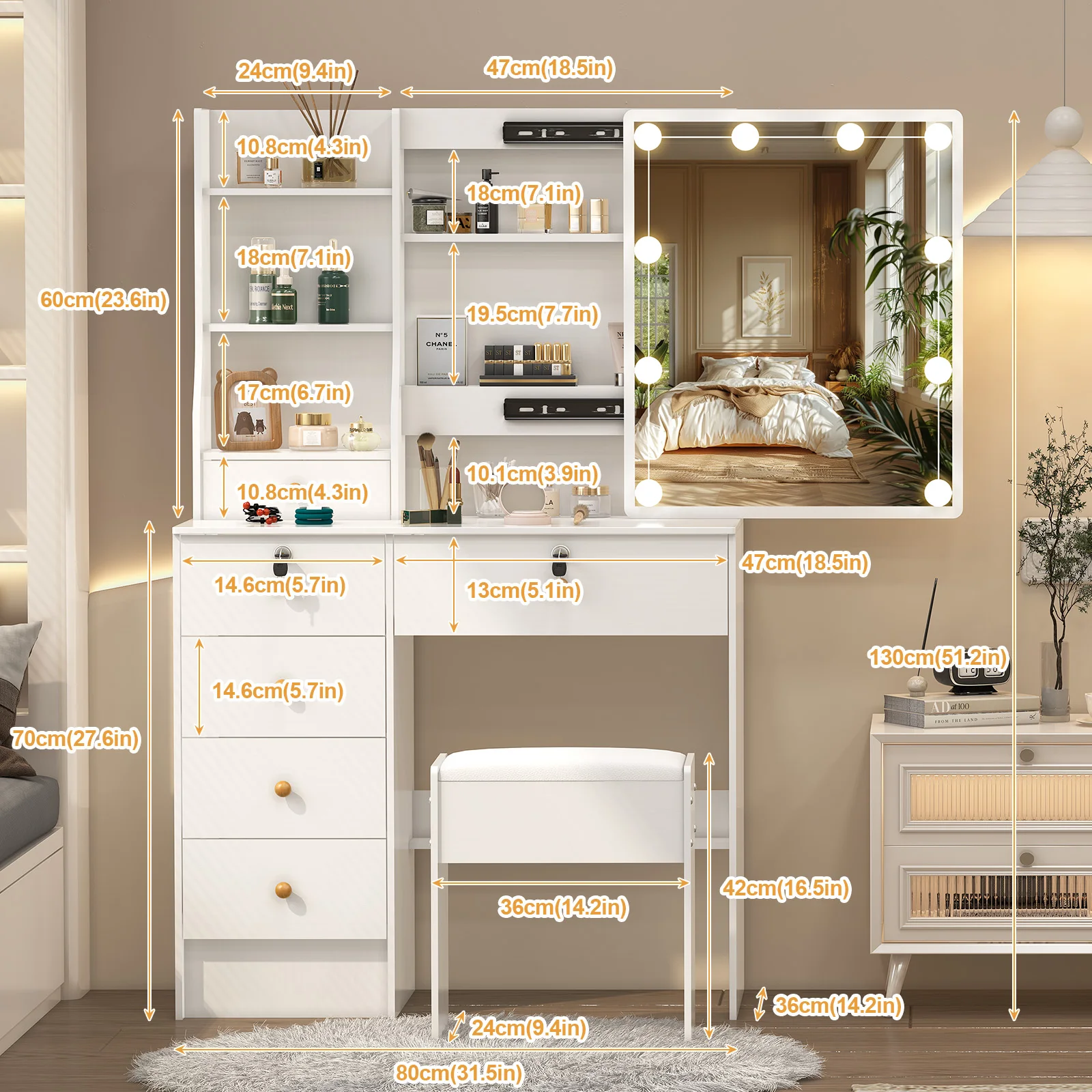 Lighted Vanity Desk Dressing Table Dresser Desk With Stool Set LED Makeup Mirror