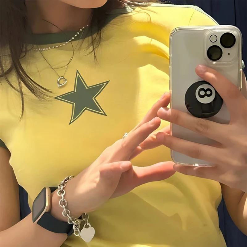 Bright Yellow Crop Top Star Graphic T Shirts Woman Fashion Skinny Streetwear Y2k Tops O Neck Short Sleeve T-Shirt Summer Clothes