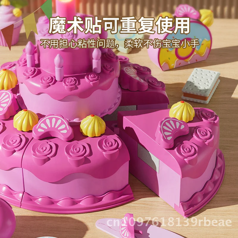Girls Cake Cutting Music Light Simulation Tea Set Toy 3-Layer Dessert Playhouse Candle Afternoon Tea Play Kitchen Simulation