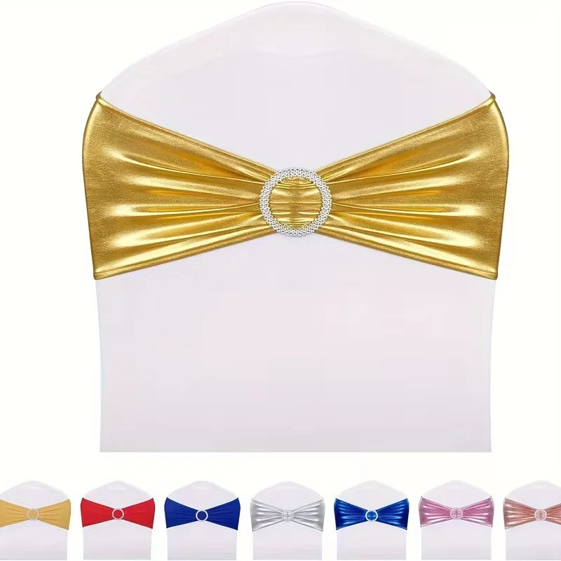 10pcs Elastic Fabric Chair Sash Ribbons with Silvery Round Buckles – Elastic Chair Sashes for Wedding, Banquet, and Party Decora
