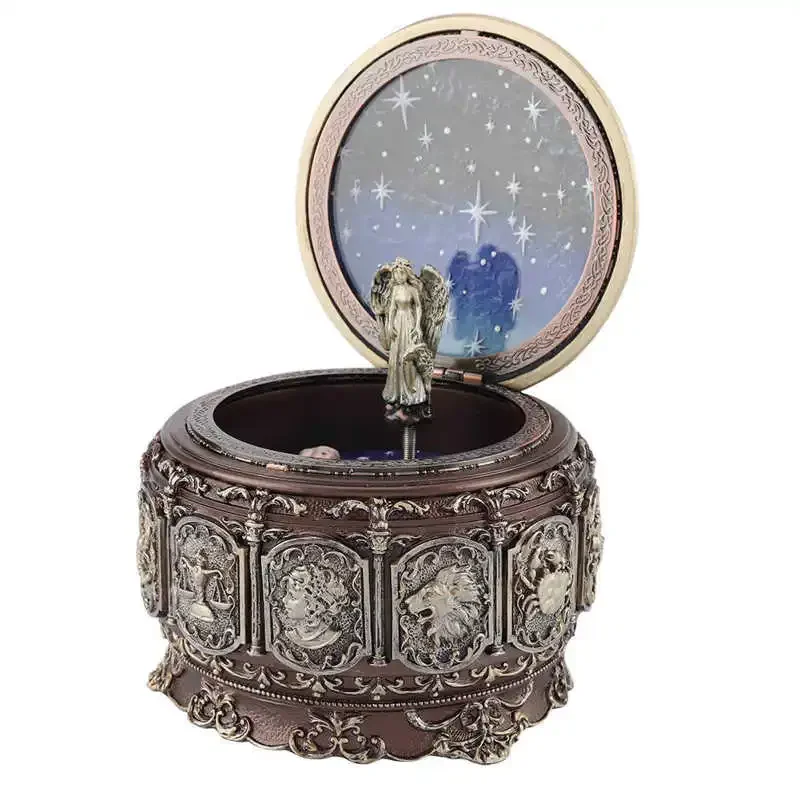 Bronze Zodiac Music Box Retro 12 Constellation Musical Boxes Sun God Gift Box LED Light for Girls Valentine's Day Birthday Gifts