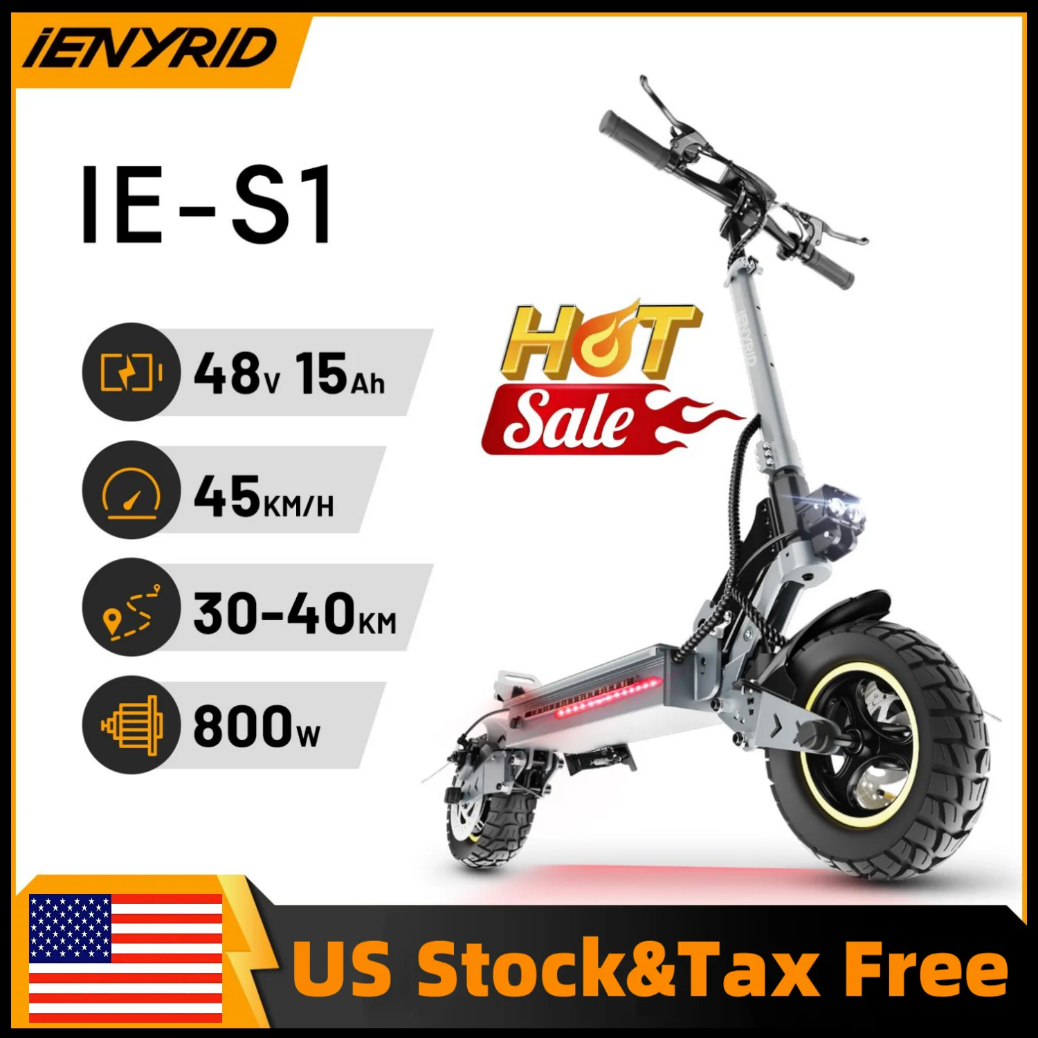 

IENYRID IE-S1 Электрический скутер 800 Вт Двигатель 48V15AH Электронный скутер с литиевой батареей 10-дюймовые внедорожные шины Складные электрические скутеры