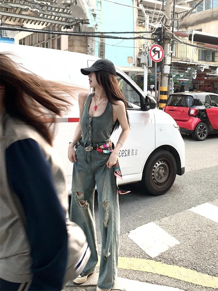 

Faionable Distred Denim цельные широкие брюки женские с высокой талией Ne висячие сексуальные девушки для поездок на работу летняя одежда