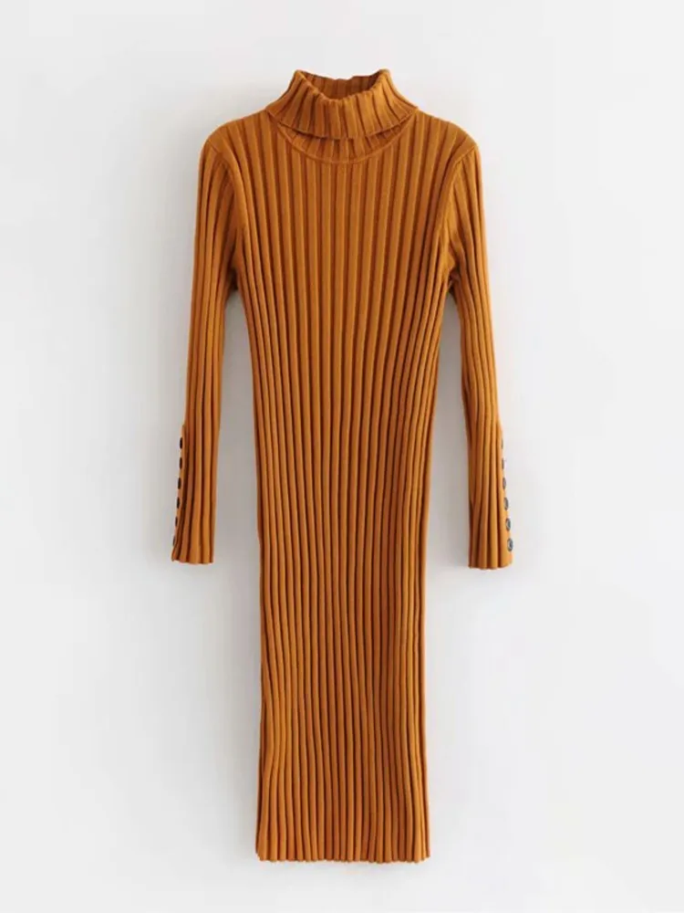 Women Winter Casual Sheath Maxi Dress Vintage Long Sleeve Female Knitted Turtleneck Button Bodycon