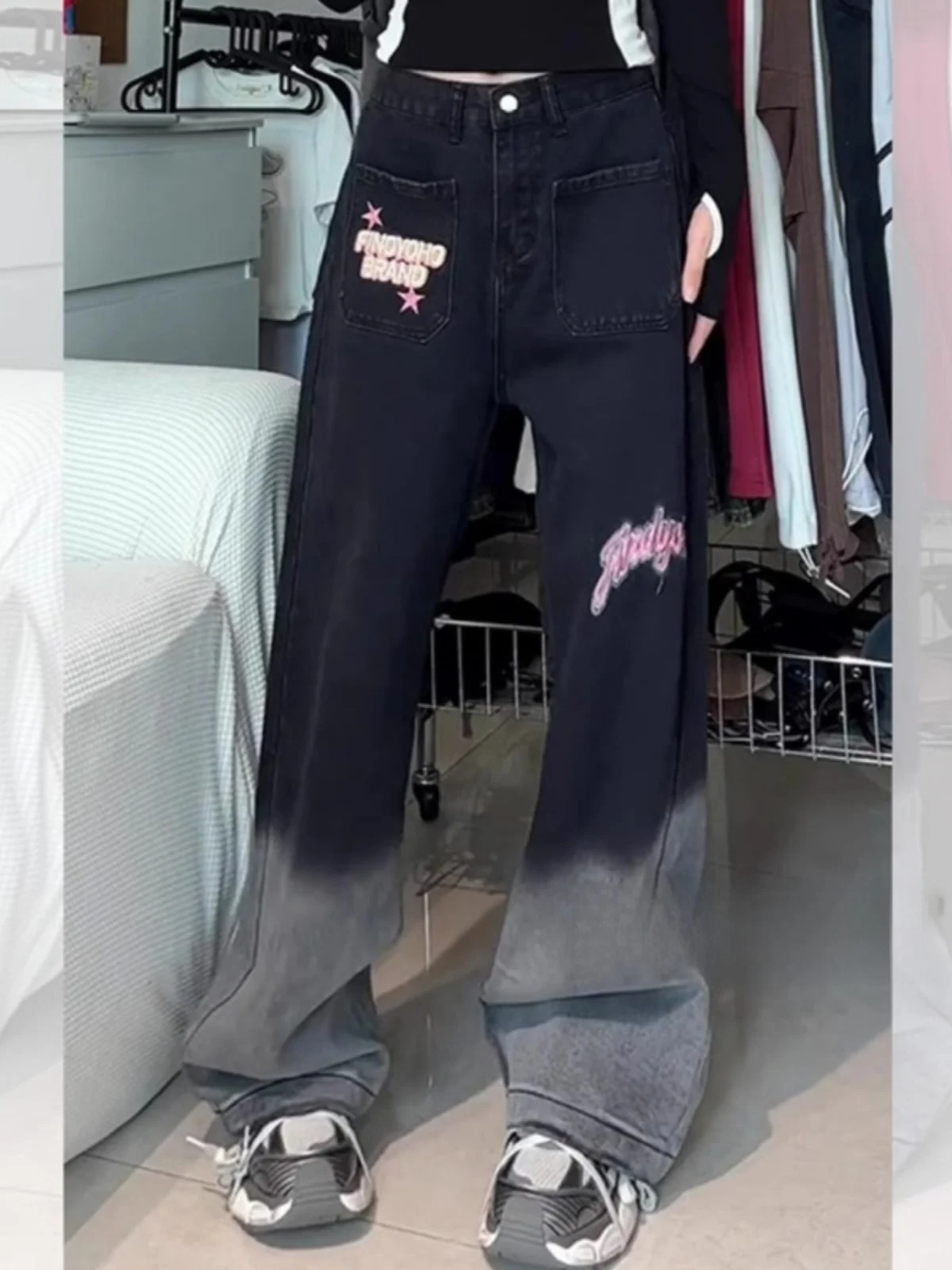 

Autumn Winter plus Size Women's Gradual Embroidery Straight Leg Jeans Loose Wide Leg Floor Length Pants High Waist