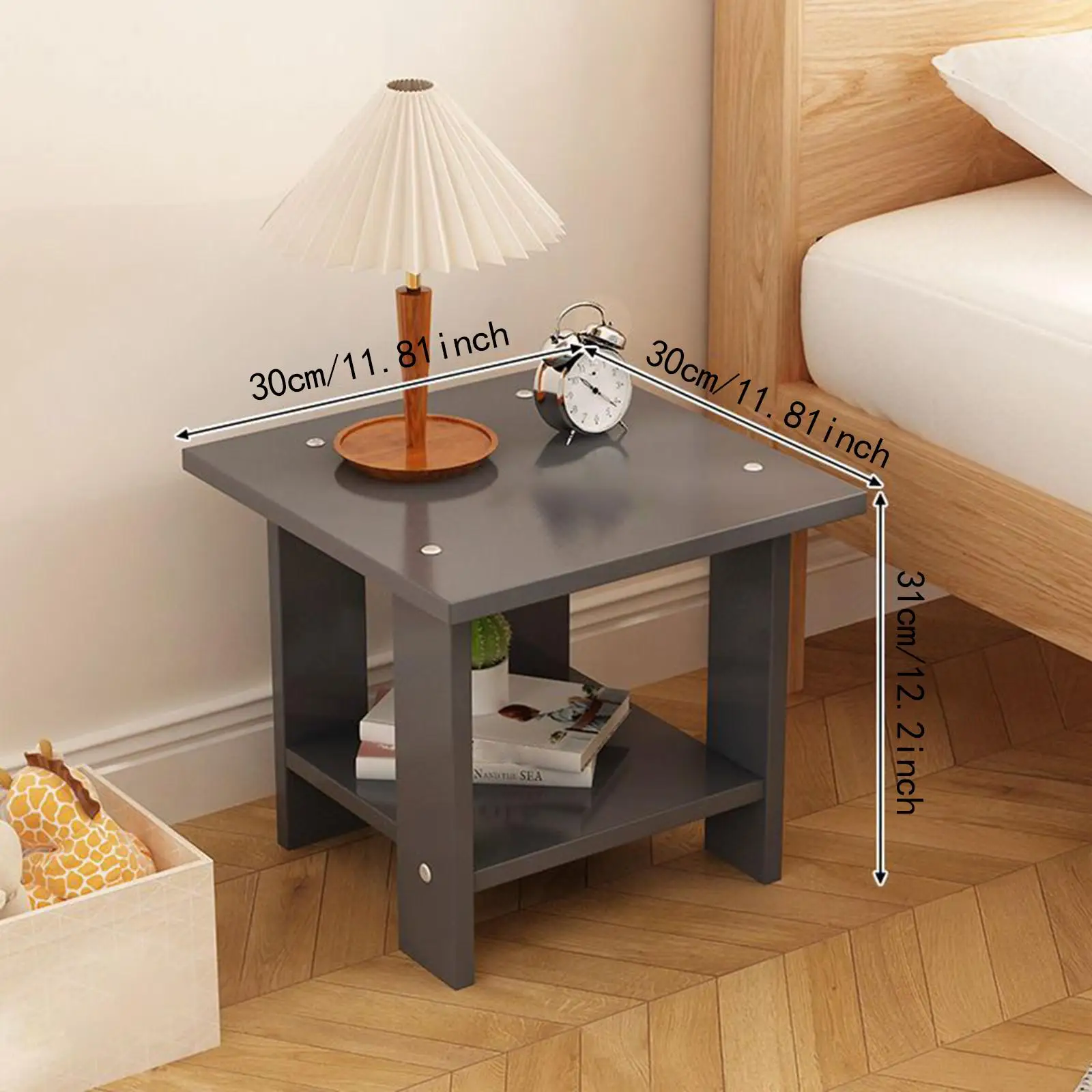 Mesa lateral de madeira com camadas duplas, moderna, multiuso para espaços estreitos, 11,8x11,8x12,2 polegadas, mesa para laptop