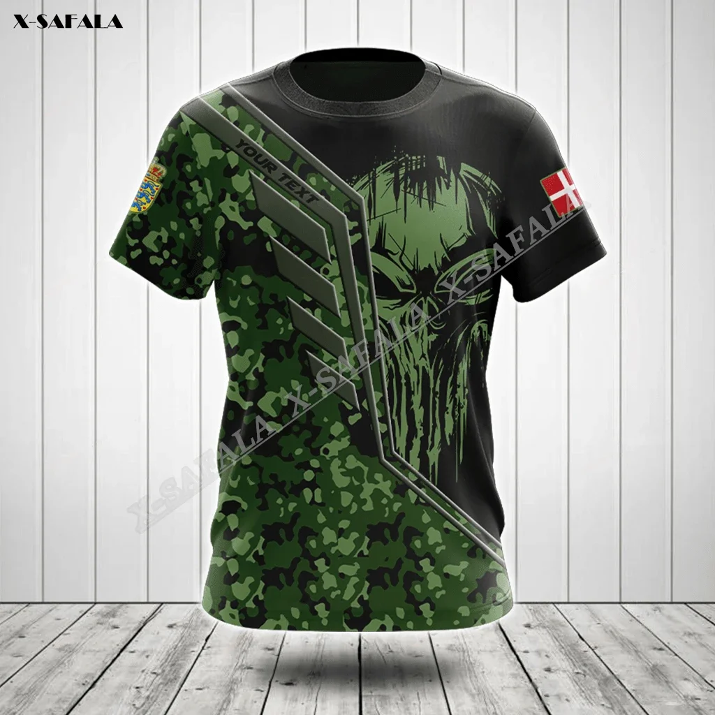 Denmark Wing Skull 3D Print T-shirt Summer Men‘s Top Tee Quick Dry Camo Army Veteran Soilder Flag Antibiosis Short Sleeve