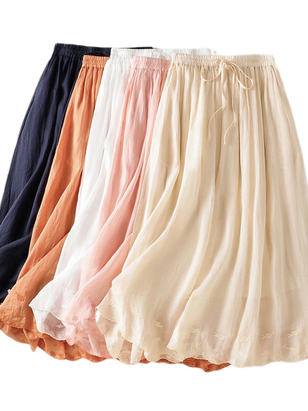 Ciężka haftowana lniana spódnica damska letnia, luźna, z wysokim stanem, wyszczuplająca, z bawełny i lnu, w kształcie litery A, typu parasol, codzienna, do pracy.