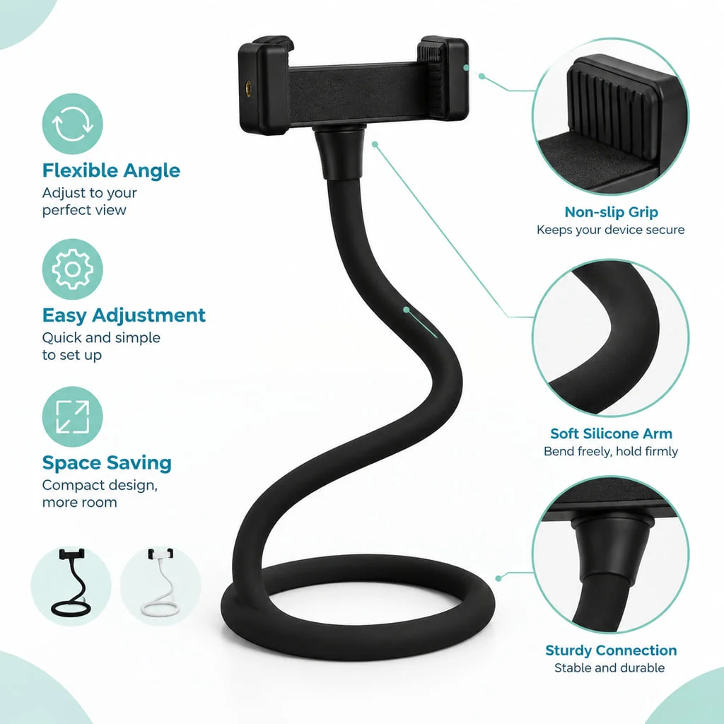 Flexible Rotating Phone Holder Clip Camera Monitor Stand with Silicone Rod for Desk Bedside Office and Baby Monitor Use