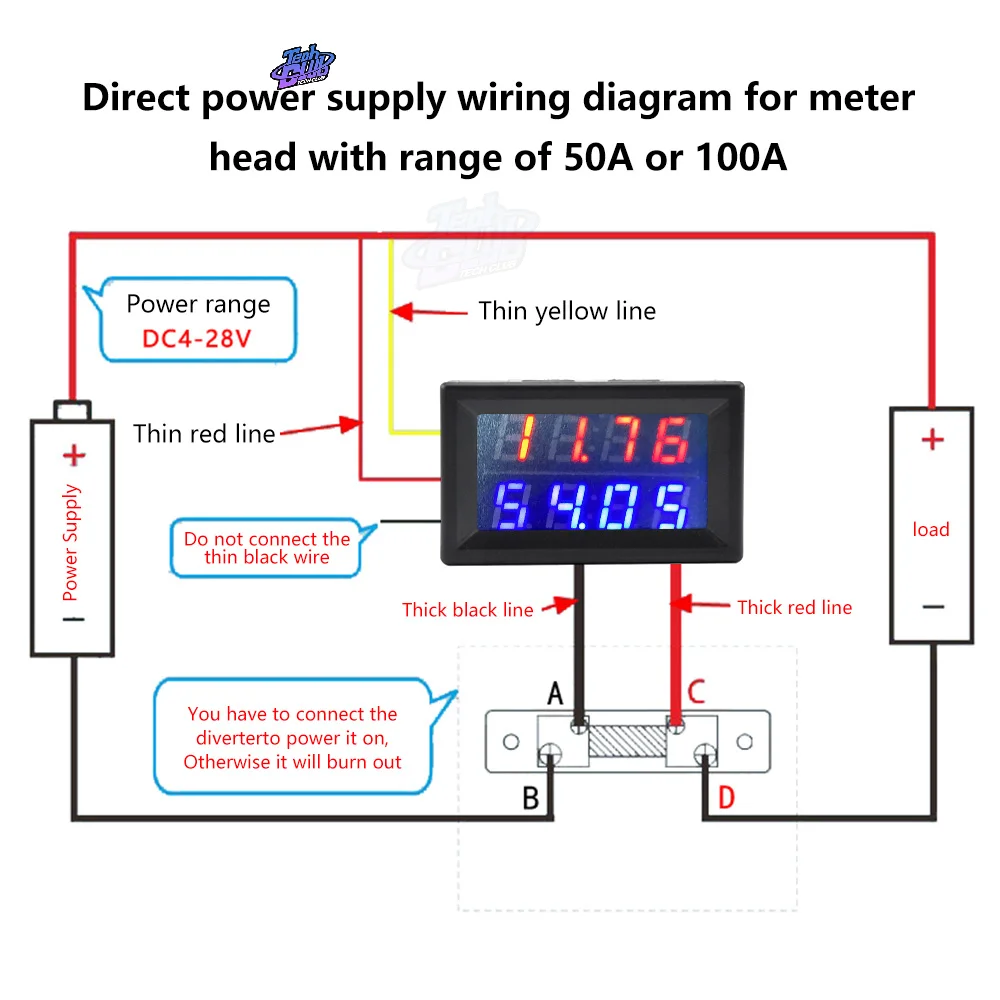 0-100V 50A 100A//0-200V 50A 100ADisplay Voltmeter Ammeter 4 Bit 5 Wires Voltage Current Meter Tester for Electrician Tool