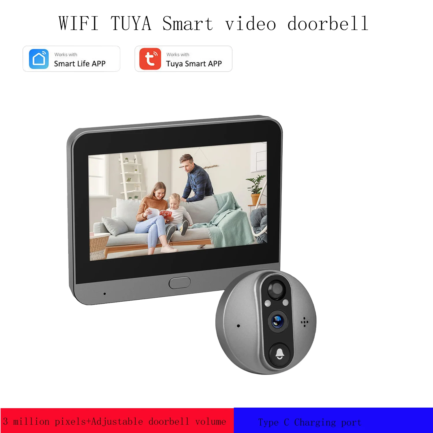 4.3 Inch 3MP Tuya Smart Life APP Batterij 2.4Ghz WiFi Audio Video Digitale Oog Deurbel Kijkgaatje Viewer PIR Camera Alexa Google