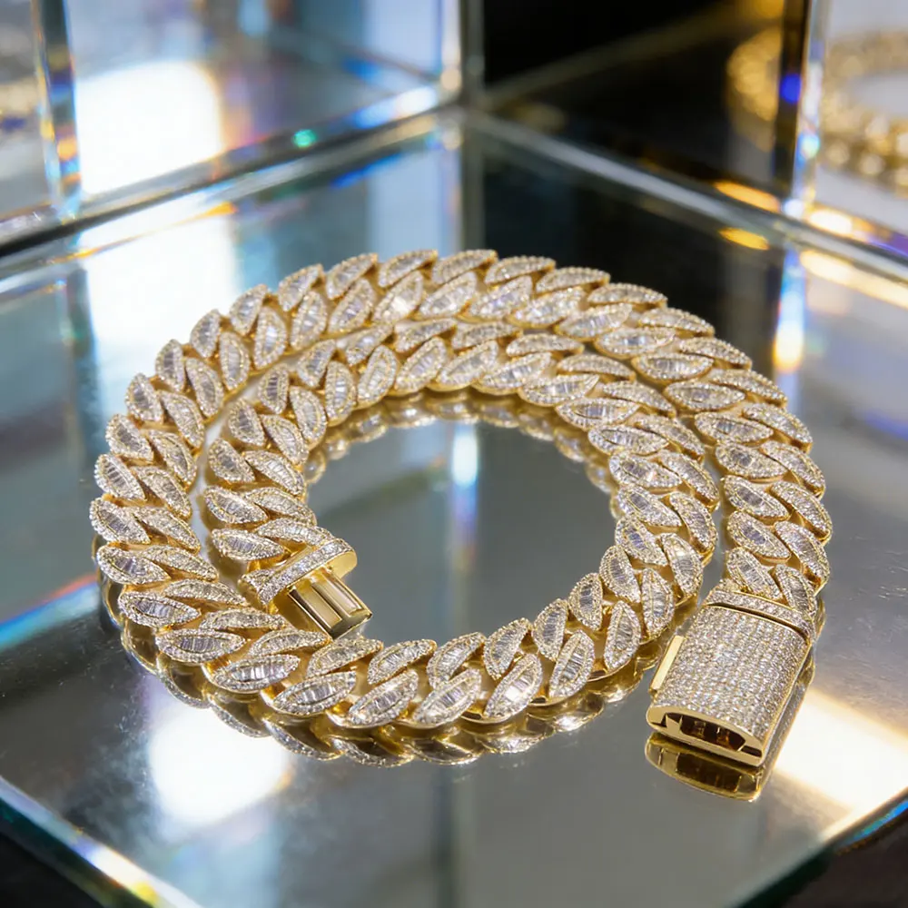 

20MM Men Thick Rectangular Diamond Brass Gold Plated Cuban Necklace Hip hop ice Chain Rapper Miami Luxury Jewelry