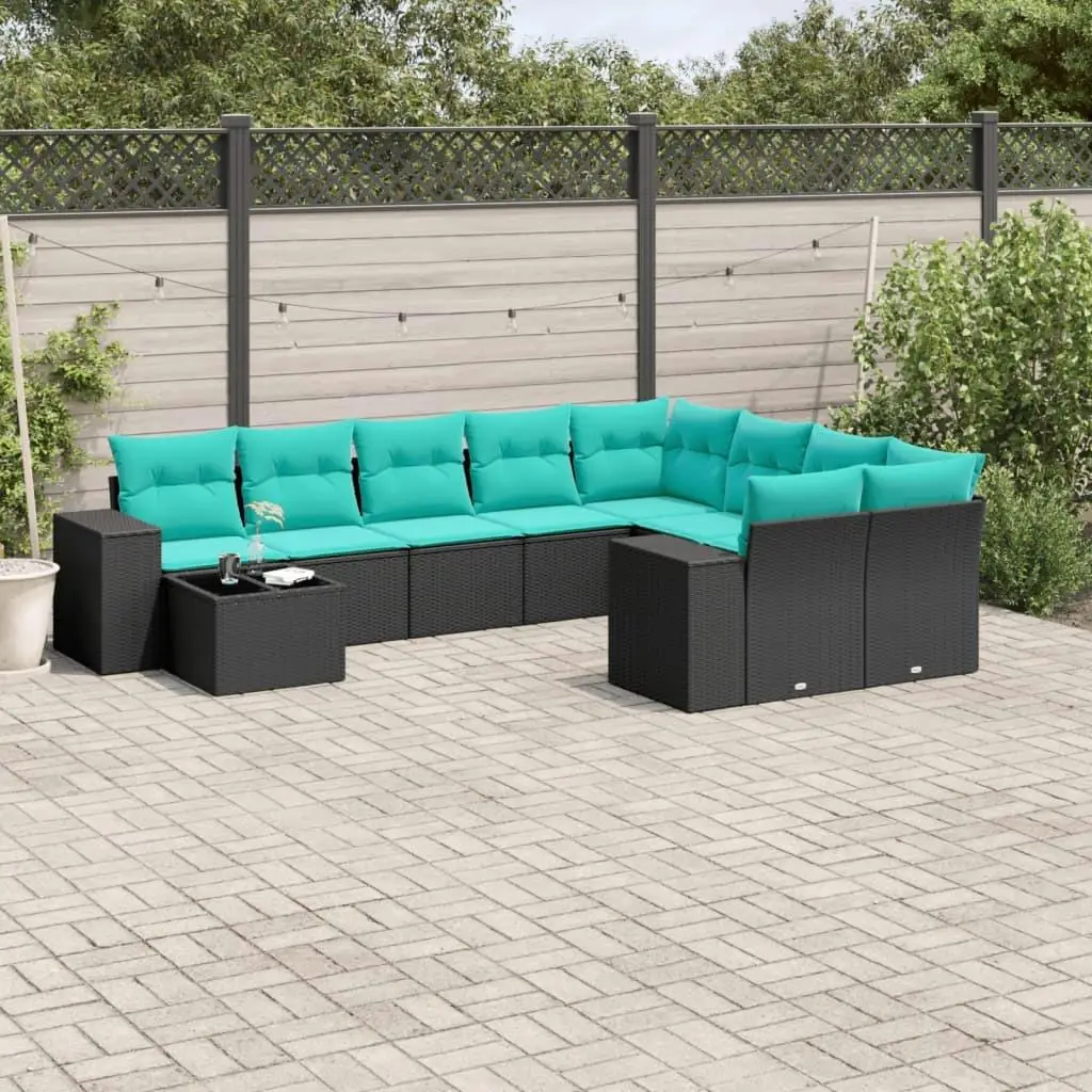 

Comfortable 10 Piece Black Poly Rattan Patio Sofa Set with Cushions Outdoor Furniture for Garden and Balcony