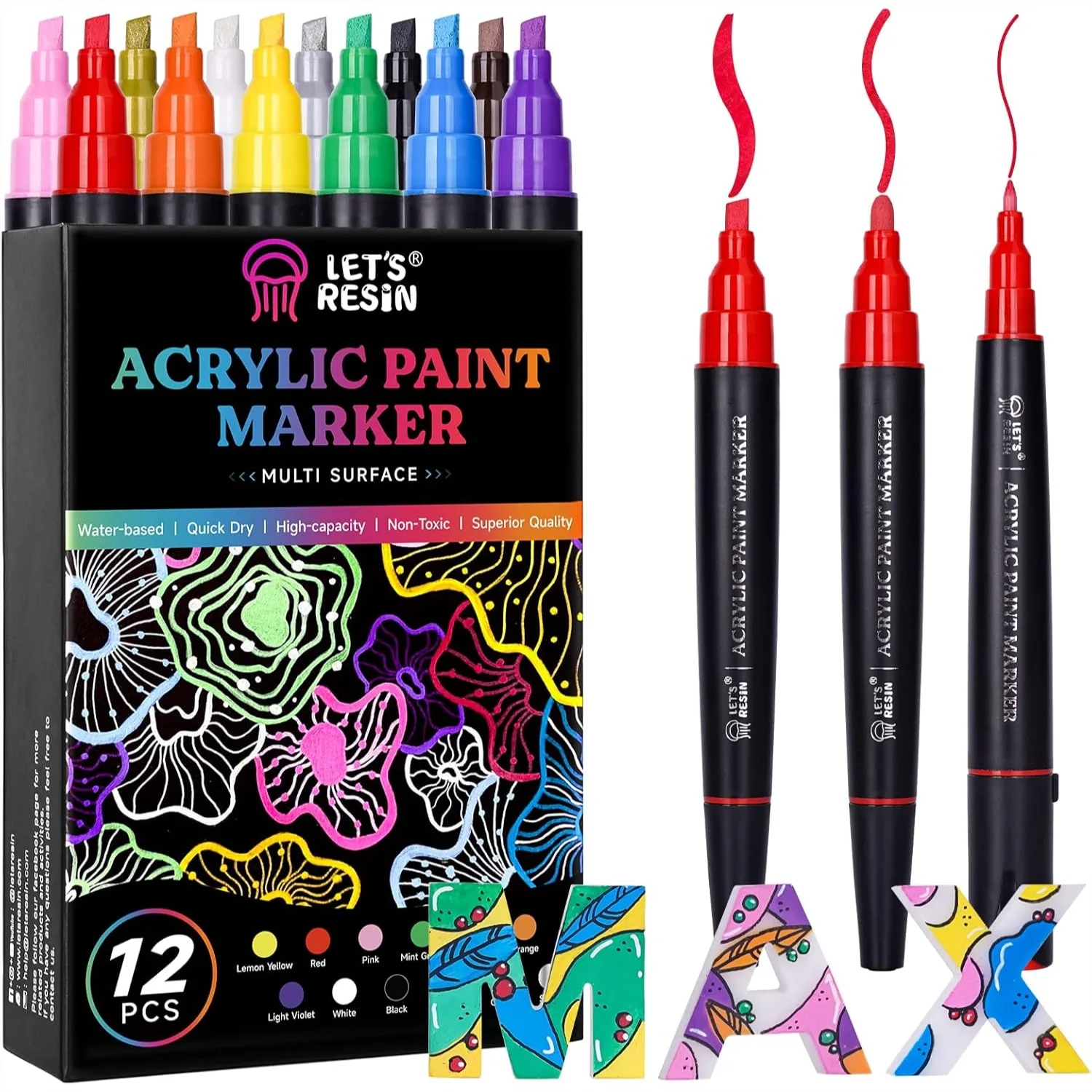 

12 Colors Acrylic Paint Markers with 3 Tips, Multi-Purpose High-Capacity Paint Pens for Resin Crafts, Rock, Canvas, Glass, DIY