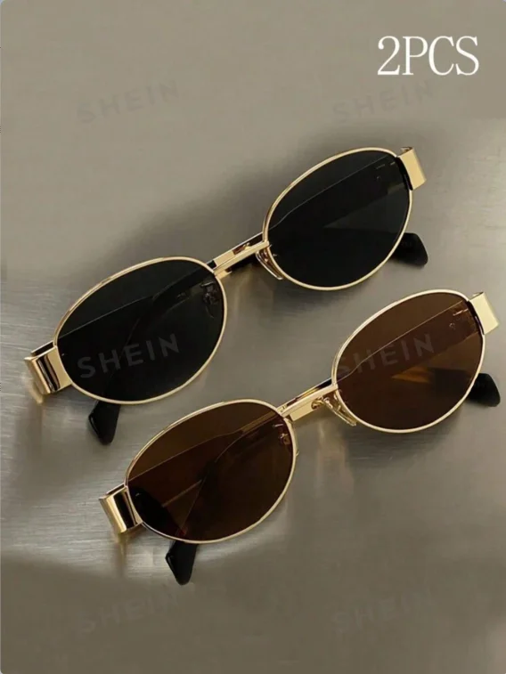 2 Pairs Summer Women's Fashion Sunglasses Oval Diamond Metal Frames Vintage Bohemian Style