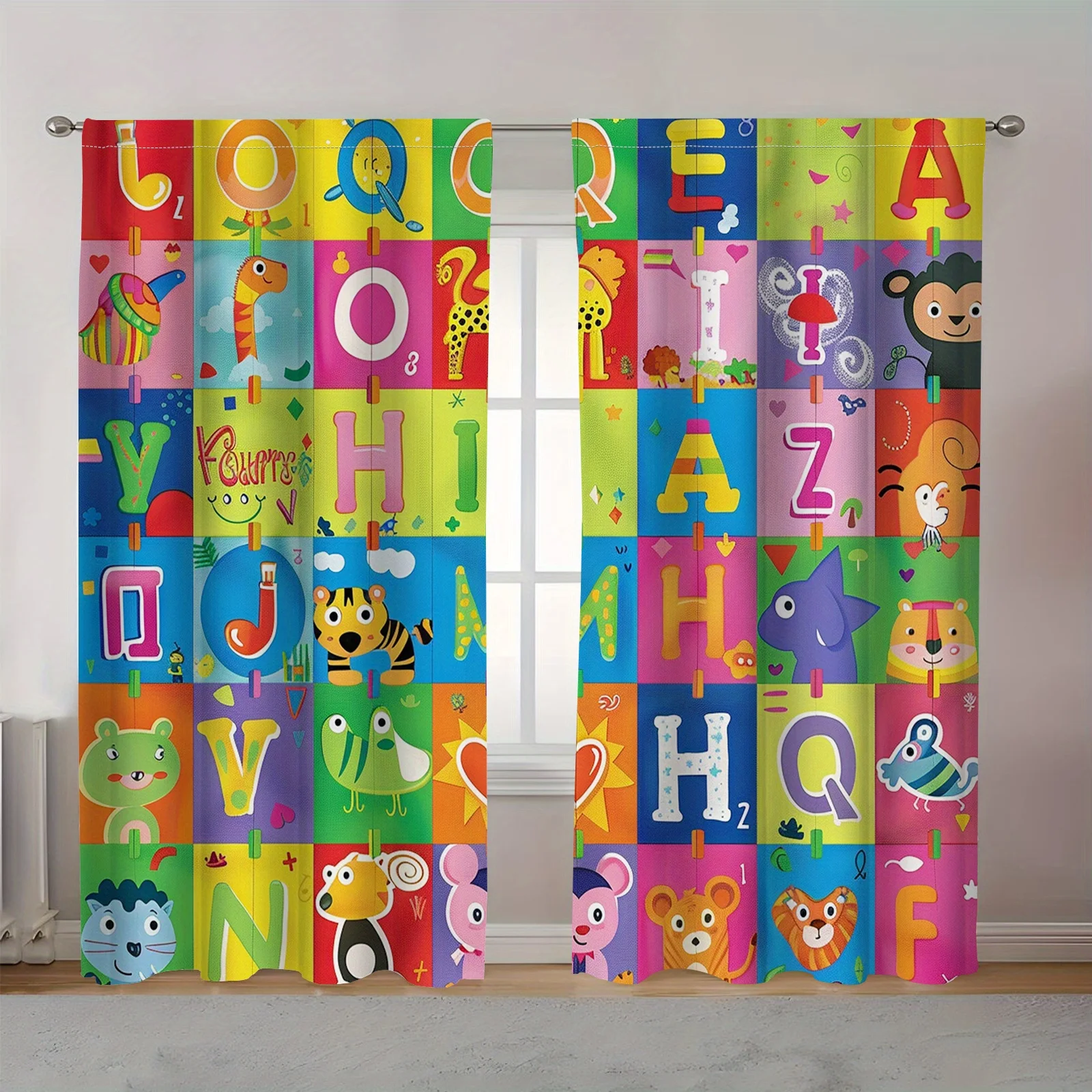 Colorful Alphabet Animal Curtains, Cartoon ABC Print Drapes Kids Nursery Education Decor for Boys Girls Bedroom Window Treatment