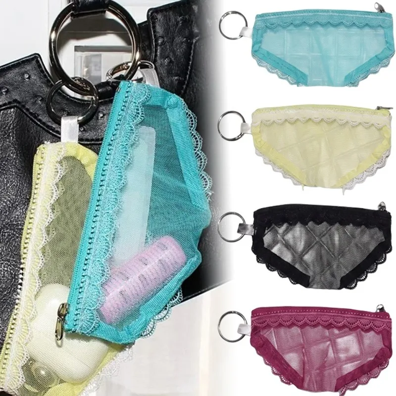 Lace Mesh Makeup Bag Triangle Panty Cosmetic Pouch Jewely Necklaces Storage Zipper Travel Organizer Small Jewelry Purse Pendants