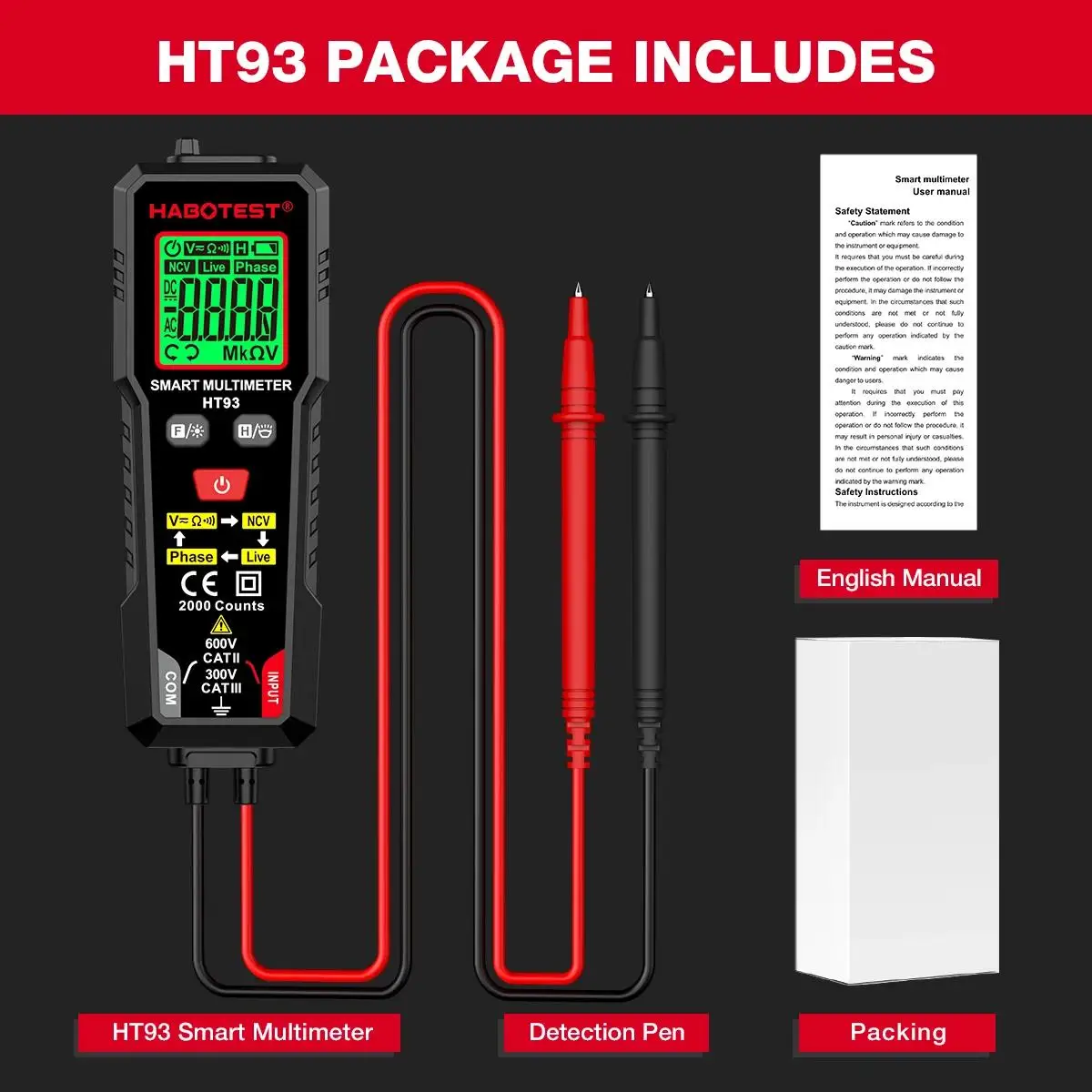 HABOTEST HT93 Digitales Multimeter Spannungsprüfer 2000 Messungen AC/DC Voltmeter True RMS NCV Phasentest Auto-Range Multimeter – Detail 14