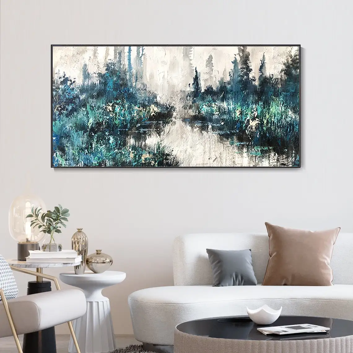 Large Abstract Wall Art Landscape Oil Painting Handmade Blue Forest Texture Painting Hand-Painted Lake River Modern Wall Decor