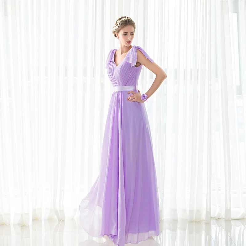 Lilac Bridesmaid Dresses A-line V-neck Floor Length Chiffon Long Wedding Party Dresses