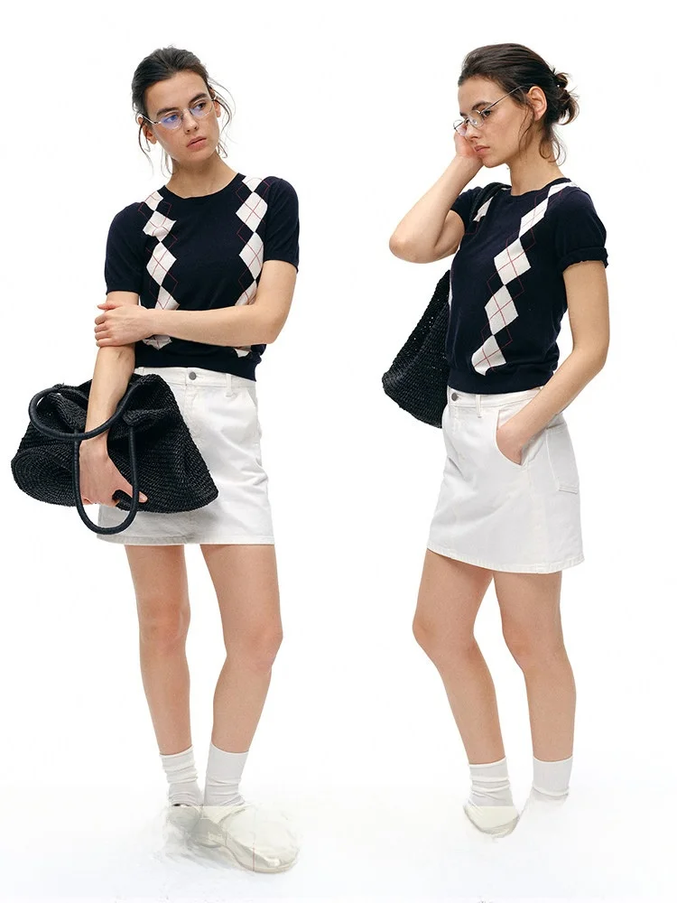 

Женский вязаный свитер Who Peach Diamond из шерсти, универсальный, с круглым вырезом, коротким рукавом, в студенческом стиле, весна 2026