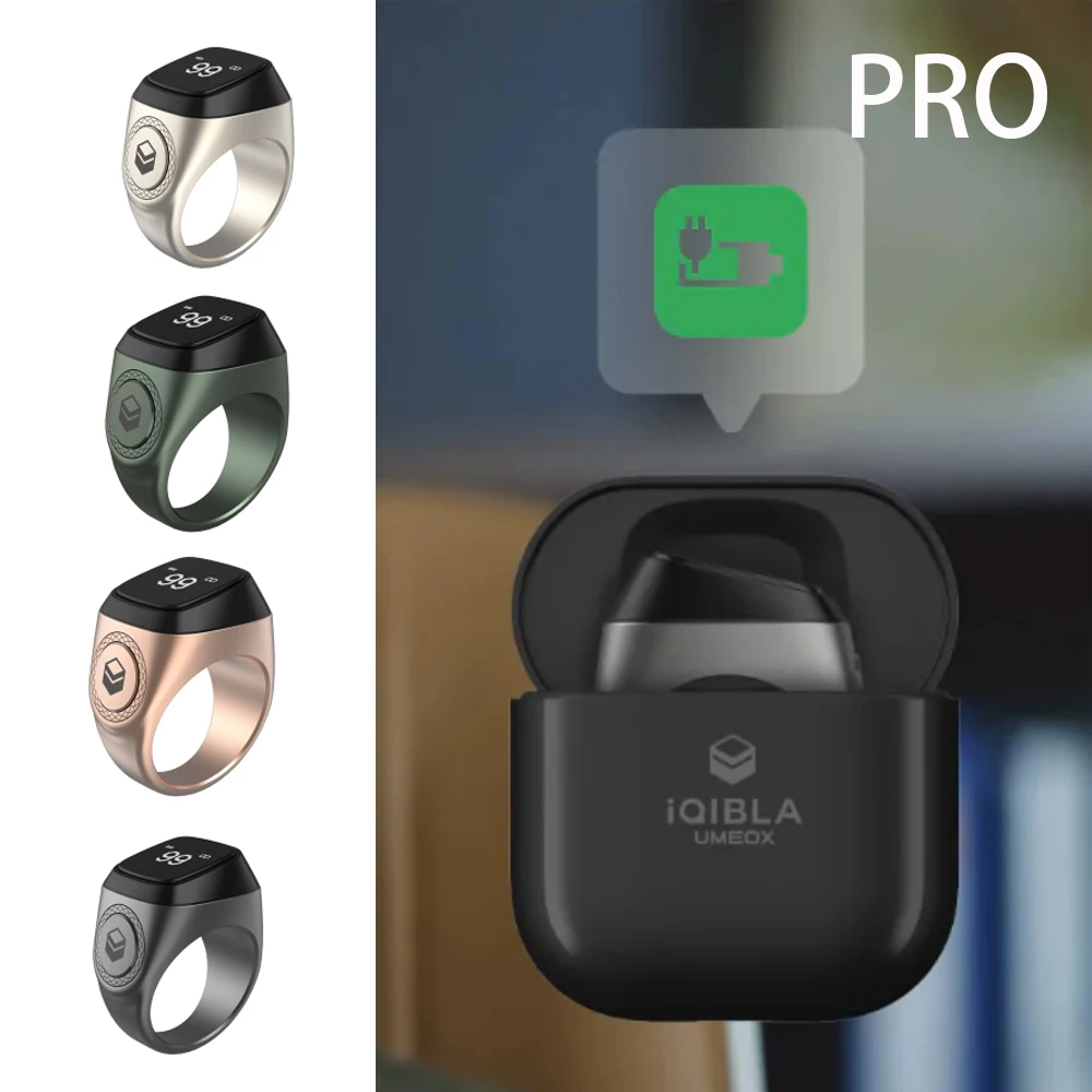 Iqibla Metal Alloy Digital Tasbih Counter OLED Screen with Long Battery Life Charge Pod Vibration Reminder Smart Zikr Ring Pro