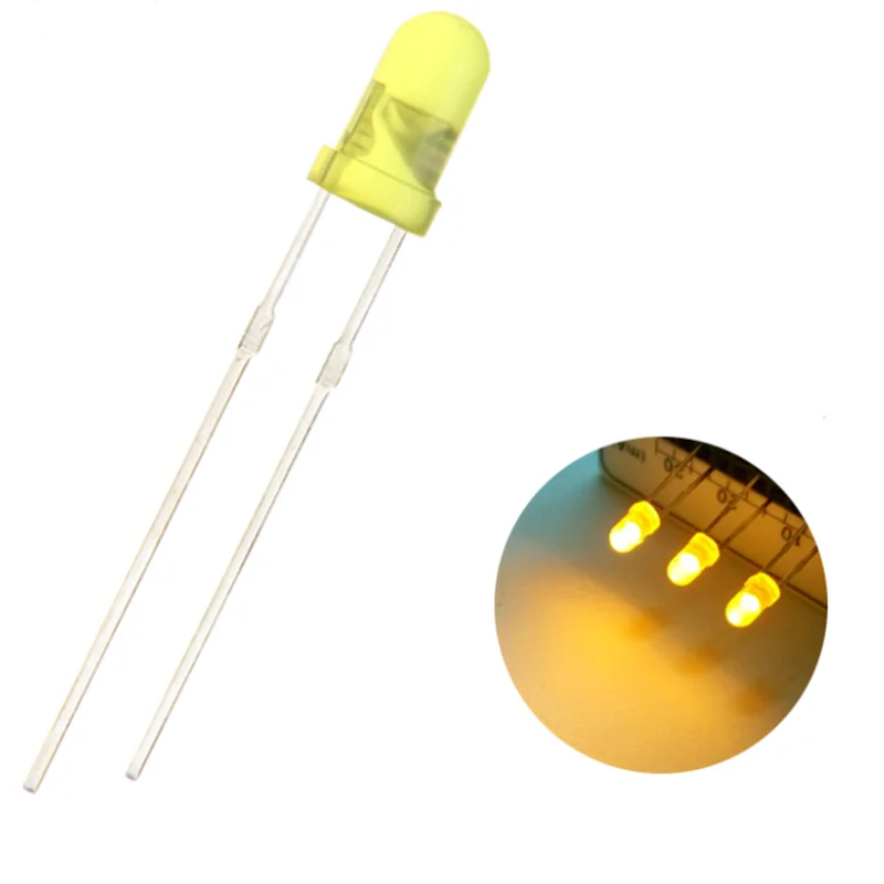 

100pcs 3mm Led Yellow Color Diffused Round Head Light 20ma Dip Led Lamp Wide Angle Ultra Bright