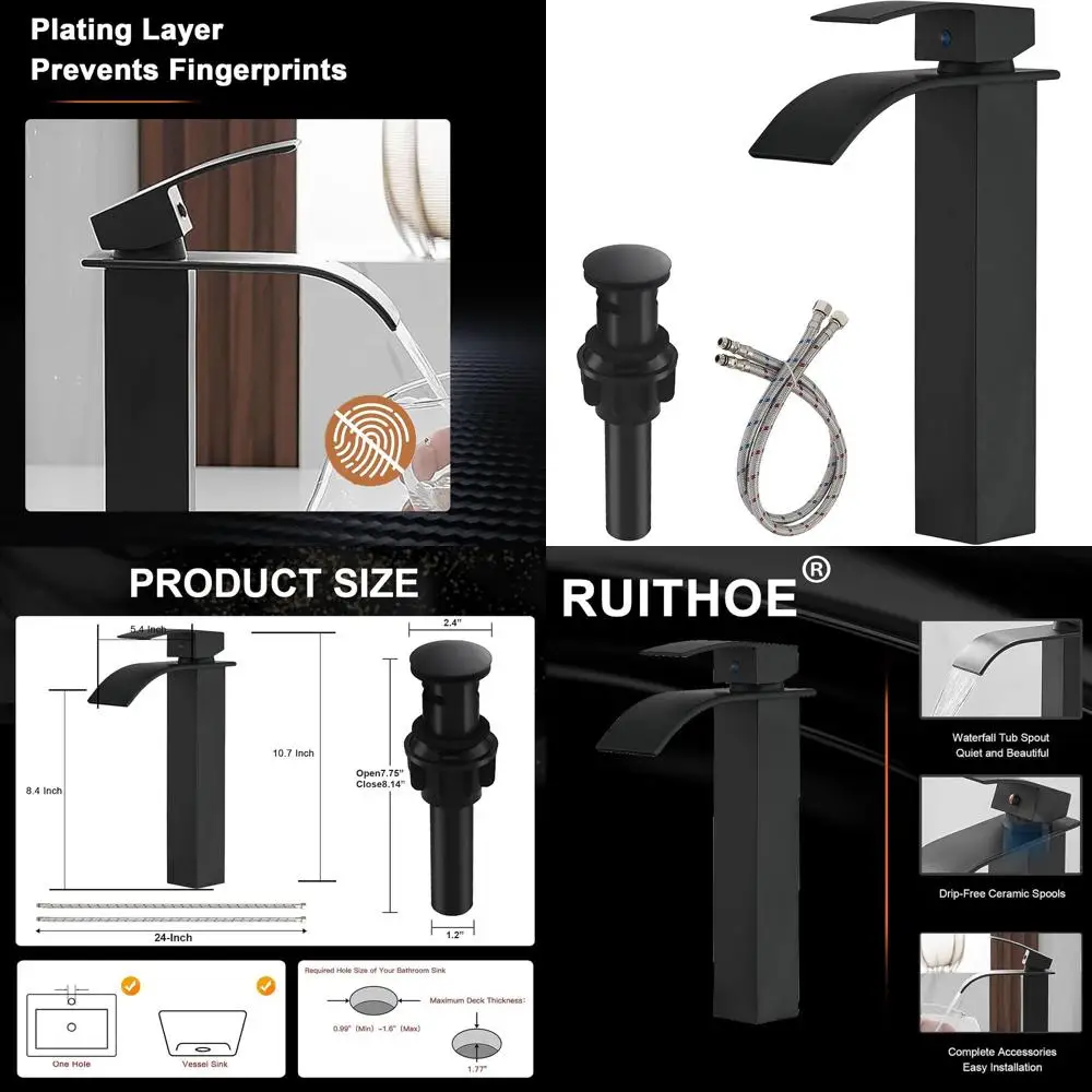 

Matte Black Single-Handle Tall Deck Mount Bathroom Sink Faucet with Pop-Up Drain