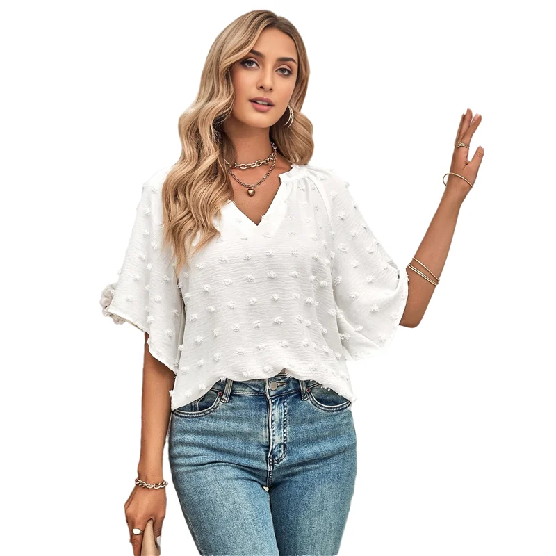 

CGS-Womens Ruffle Sleeve Summer Tops Short Sleeve Blouses V Neck Pom Pom Shirts