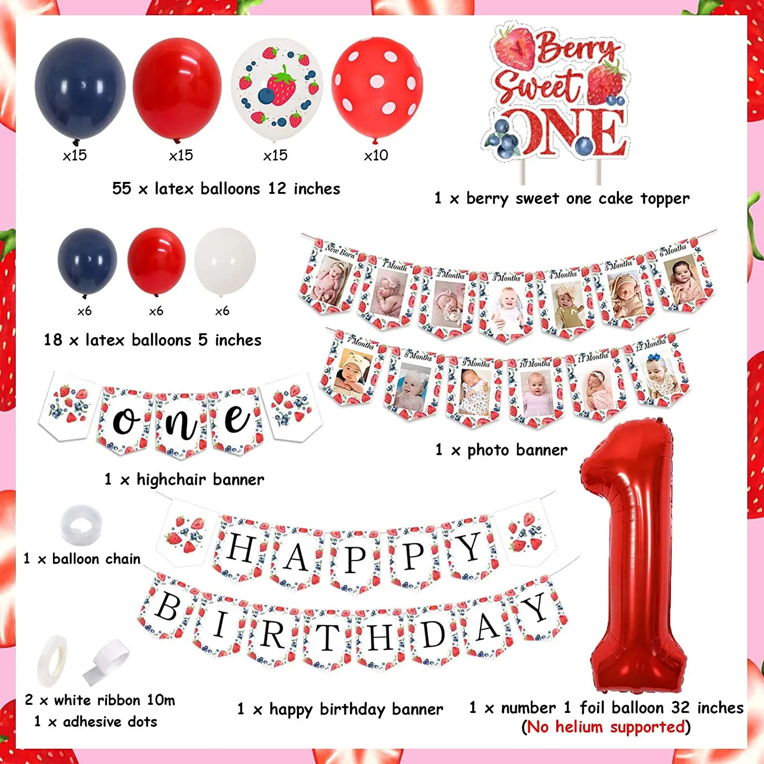 Sursurprise-Sweet One 1st Birthday Party Decorations, Strawberry, Blueberry Themed Balloon, Garland Kit, Photo Banner for Girl