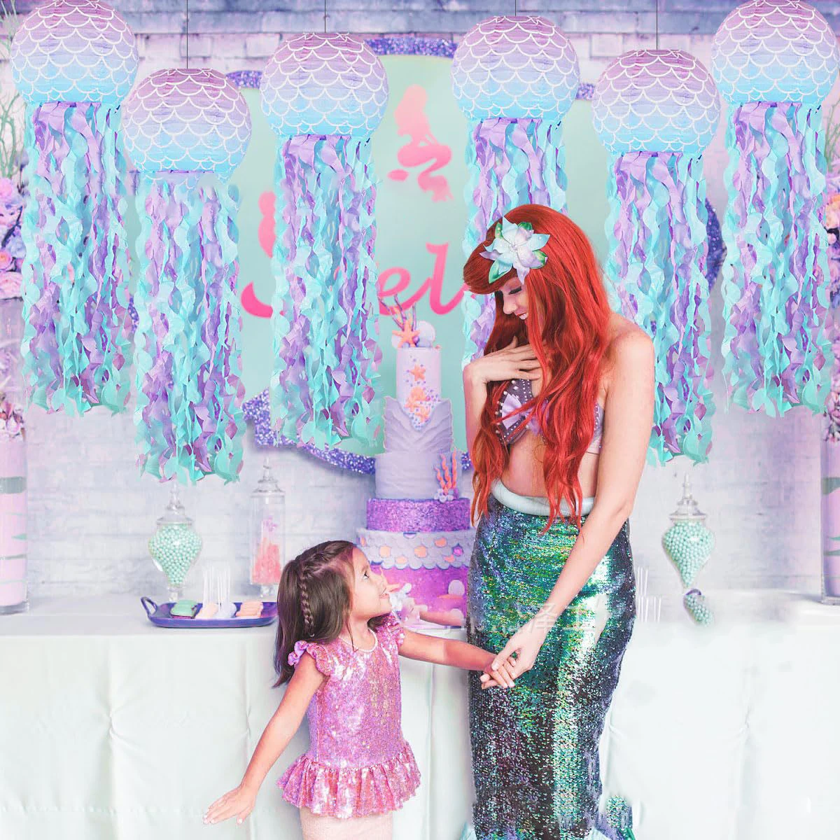 パーティーの装飾、人魚のテーマ、DIY、グラデーション、誕生日、ベビーシャワー、結婚式、装飾用のクラゲ提灯、1個、10インチ