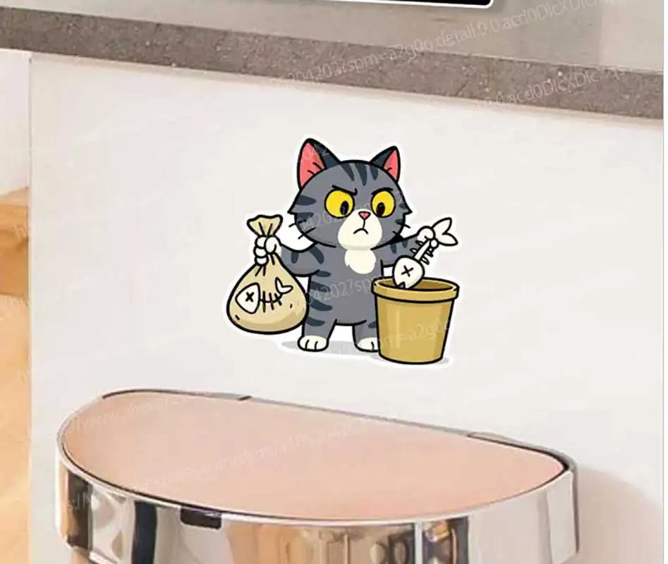 Cat Taking out the Garbage Reminder Sticker Kitchen Restaurant Decorative Decal Stick-On for Home Office AA260