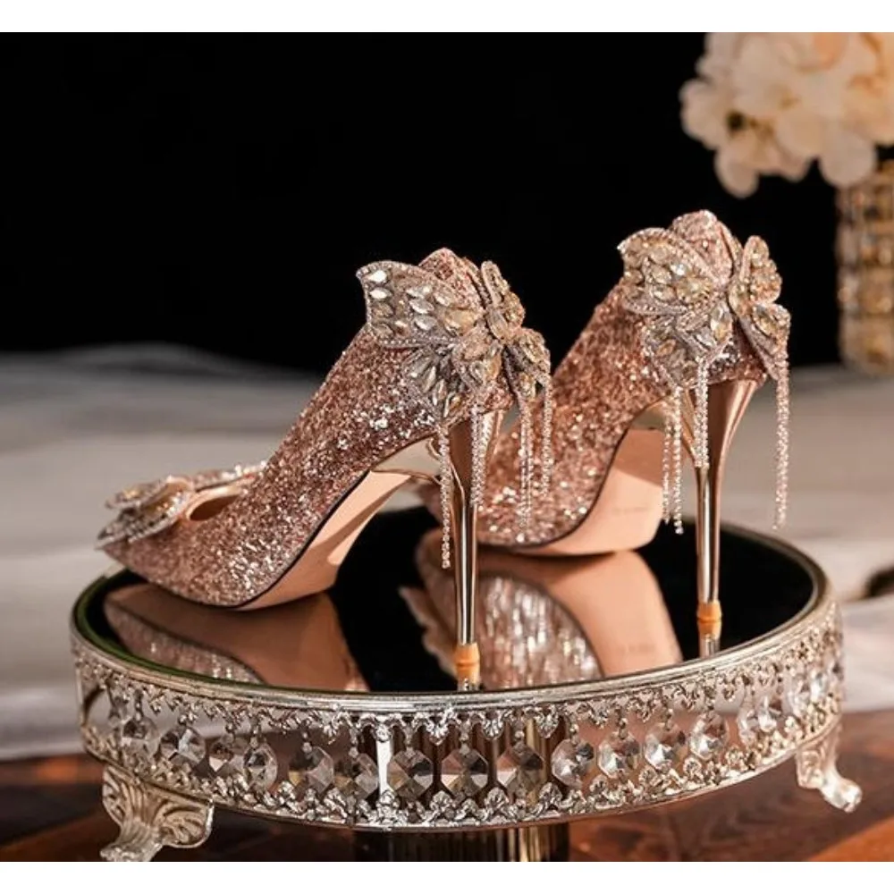 New Luxury New French Crystal Silver High Heels WomensBow Solid Shining Womens Shoes WOMEN Pointed Toe Casual Pumps