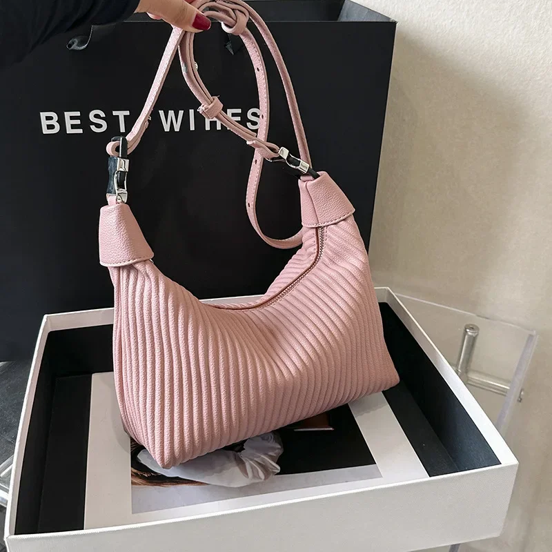 

2025New Women's Pleated Striped Tote Bag - Spring Fashion Crossbody Shoulder Purse, Trendy Small Designer Handbag