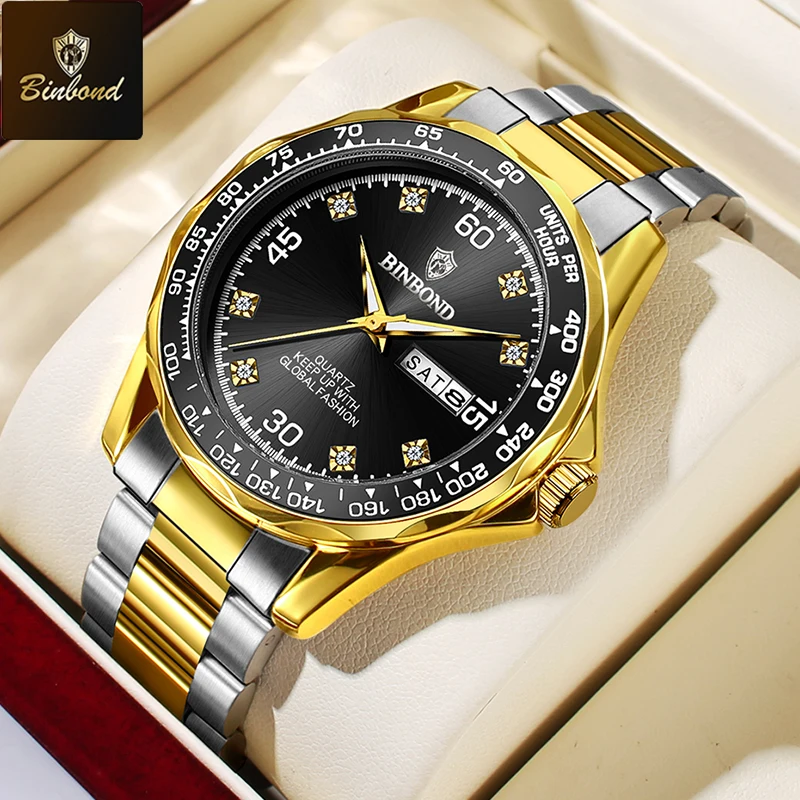 BINBOND العلامة التجارية الفاخرة الذهبي ساعة كوارتز الرجال الغوص مقاوم للماء الفولاذ المقاوم للصدأ حزام الأصلي ساعات رجالية Relogio Masculino