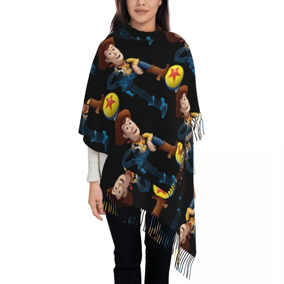 

Custom Luxury Toy Story Cartoon Tassel Scarf Women Winter Warm Shawls Wraps Ladies Scarves