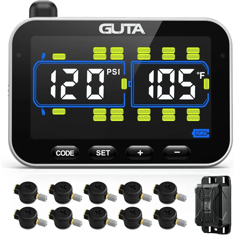 

GUTA Tire Pressure Monitoring System,RV Trailer TPMS with 10 Flow Thru Sensors & Color LCD Display,6 Alert Modes, Signal Booster