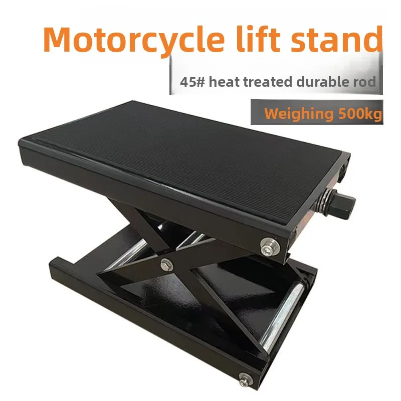 Manual Motorcycle Scissor Lift Jack Platform Stand for E Bike Repair Garage Maintenance with Movable Base Tool Kit