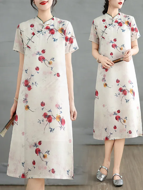 

Large Size Plum Blossom Print Qipao Dress Women's Stand Collar Mid-Length Chinese Style A-Line Summer Casual Dress