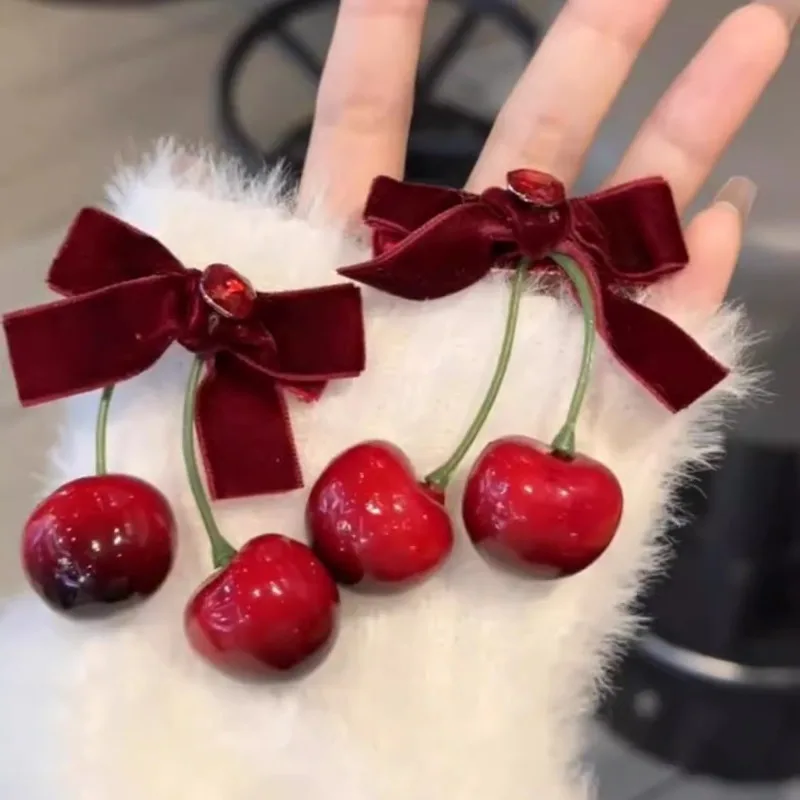 Cherry Red Bow Velvet Texture Elegant Hair Clip Fashionable Versatile Edge Hairpin Sweet Cool Headwear Girl Hair Accessories