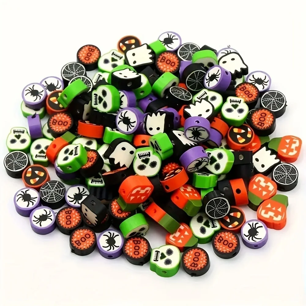 50-500pcs Halloween Polymer Clay Beads Pumpkin Hat Skull Pattern Beads For Jewelry Making Bracelets Decoration Accessories ﻿