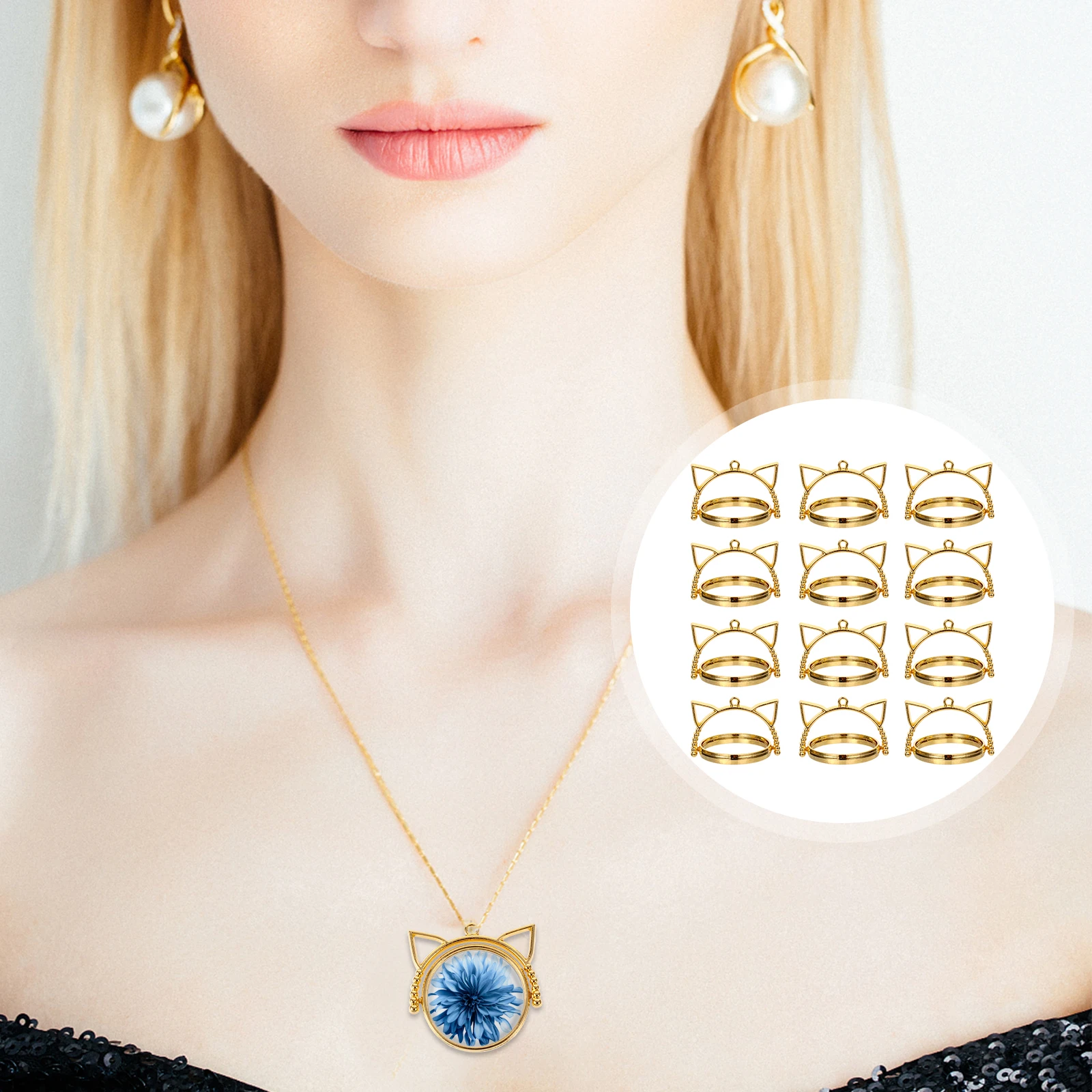 

20 Pcs Cat Ear Base Jewelry Double Side Pendant Tray Making Blank Brooch Rotation DIY