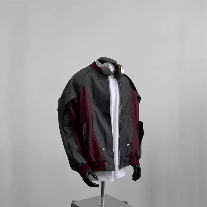 man jacket bomber coat 2025 Autumn Color Block Faux Leather Varsity Jacket Unisex Loose Casual Streetwear Couple's Outerwear