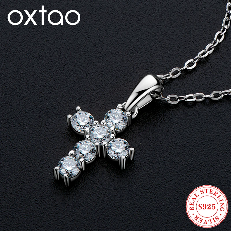 OXTAO Moissanite Four Prong Cross Ladies Pendant Necklace 925 Sterling Silver Hiphop Religion Pendant  Fine Jewellery for Women