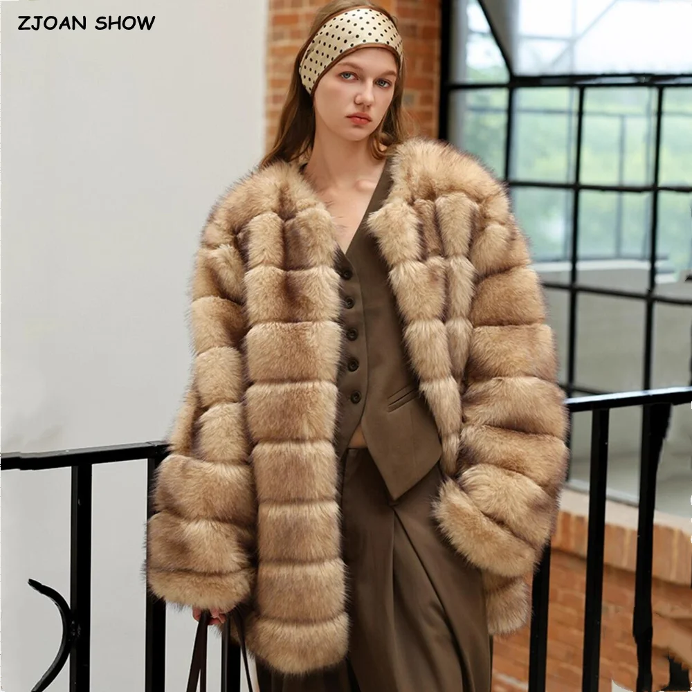 Women's Winter Gradient Colored Embossing Strips Faux Mink Fur Coat Long Sleeve O neck Loose Straight Middle Long Outerwear