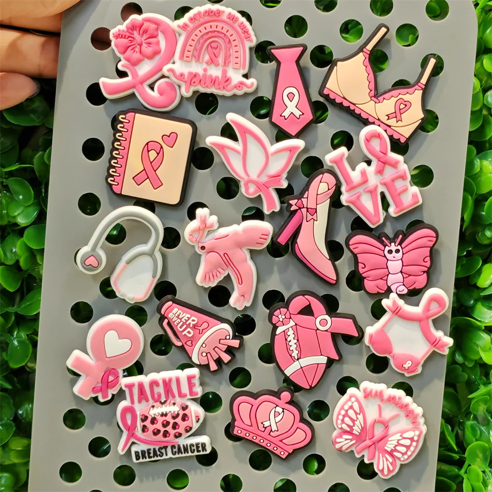 

18Pcs Tackle Breast Cancer Butterfly PVC Shoes Charms Accessories in October We Wear Pink Clog Buckle Fit Adult Party Gifts