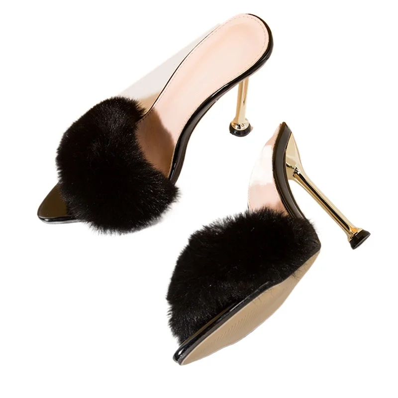 

Aneikeh/летние женские шлепанцы с острым носком и пушистым мехом, модный дизайн, туфли-лодочки на шпильке, шлепанцы, женские сандалии