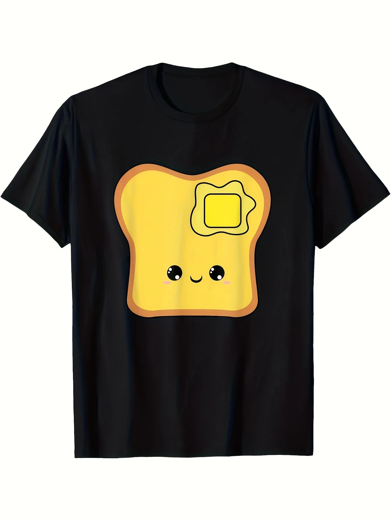 2026 Men's & Women's Cute Toast Bread Joyful Face T-Shirt - Black with Yellow Graphic - Soft Breathable Everyday Casual Tee - Fu